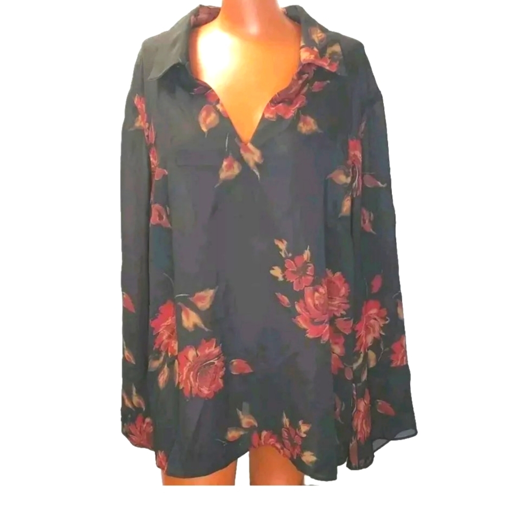 Lane Bryant Blouse Sheer Floral Bell Sleeve Dark Romance Woman Plus 26/28W
